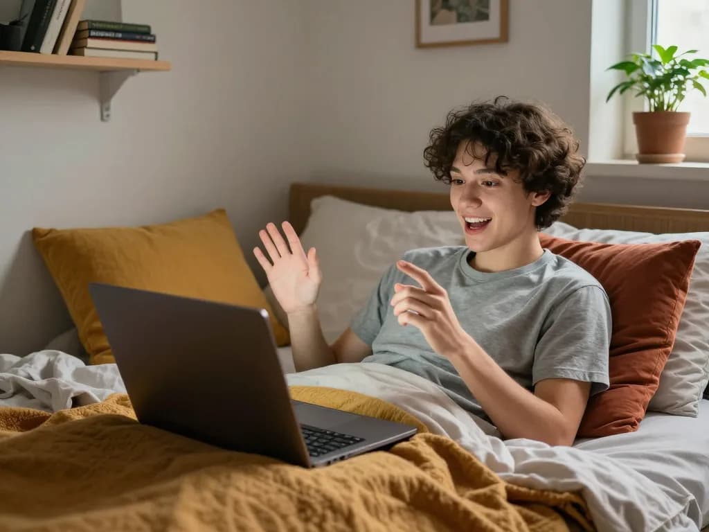 Engaging in free AI sex chat from a cozy bedroom, laptop interaction.
