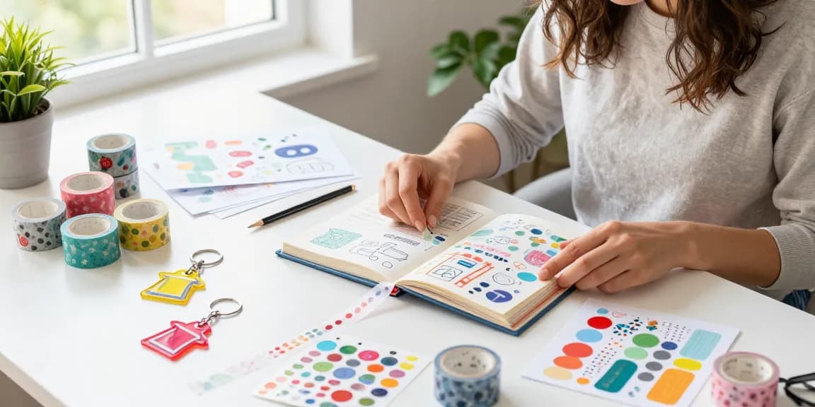 Designer applying custom washi tape to a scrapbook in a vibrant creative workspace.