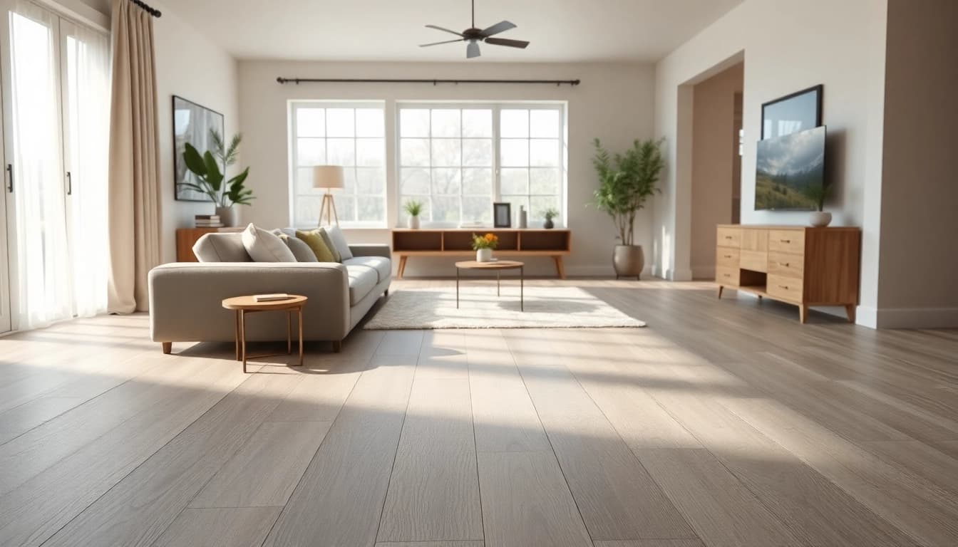 Showcasing vinyl plank flooring in a stylish living room with natural light and cozy decor.