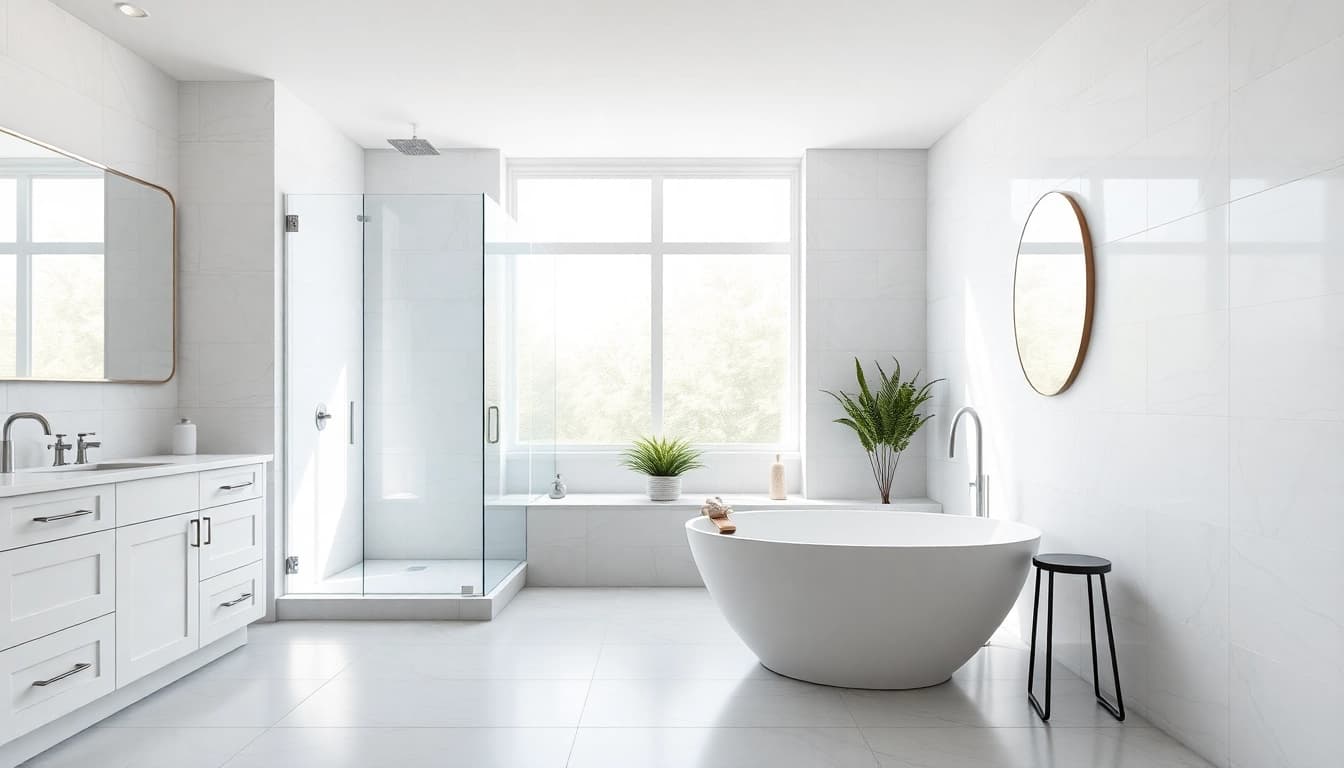 This image exemplifies bathroom renovations vancouver with a modern design including a spacious walk-in shower.