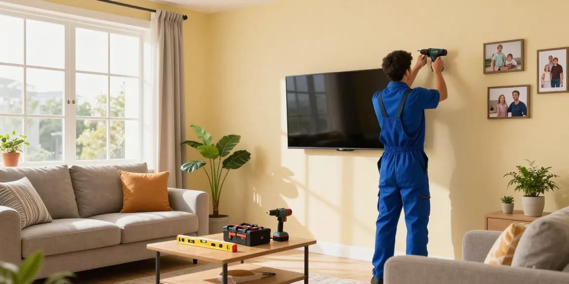 HubPro home services handyman installing a wall-mounted TV in a cozy living room.