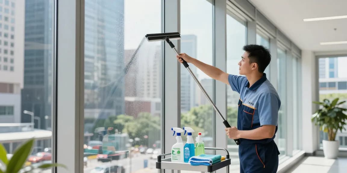 Professional glasreinigung preis service in action, showcasing a technician cleaning office windows
