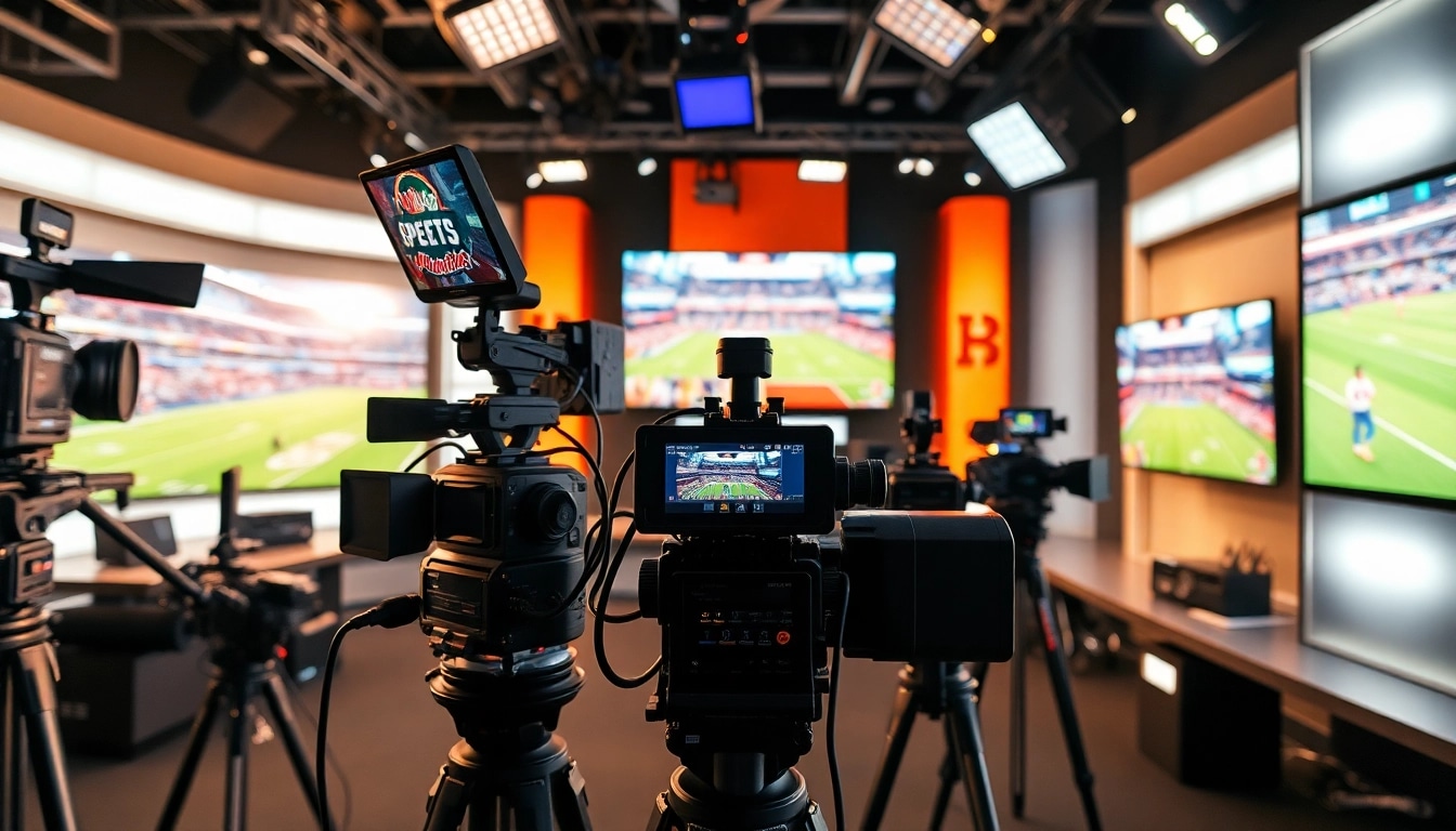Engaging visuals of sports broadcasting setup showcasing vibrant studio and equipment.