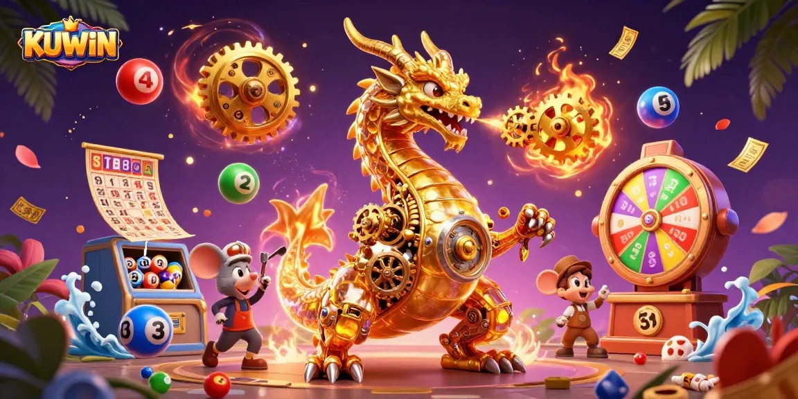 KUWIN offers thrilling gameplay as a golden dragon breathes gears amidst exciting lottery elements.