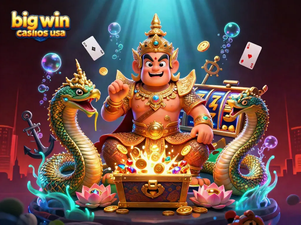 Experience big win casinos usa with this vibrant 3D illustration filled with slot games and jackpot treasures.