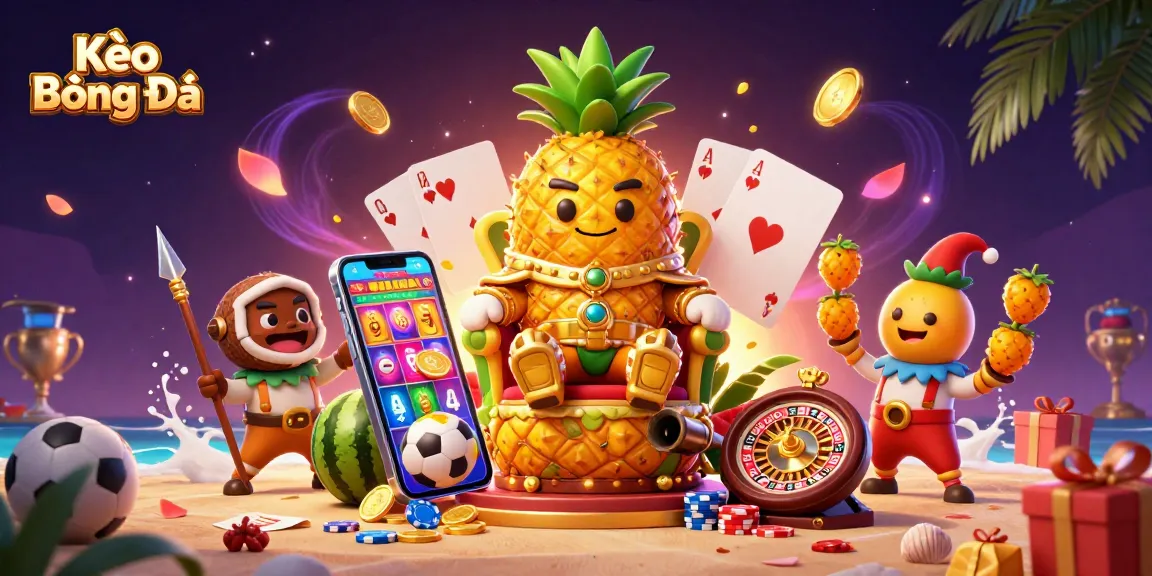 Kèo Bóng Đá showcases a vibrant sports betting scene with a golden pineapple king and lively casino characters.