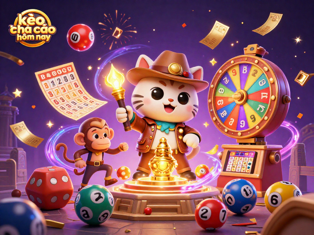 Engage in the world of kèo nhà cái hôm nay with a vibrant 3D illustration showcasing exciting lottery dynamics and casino adventure.