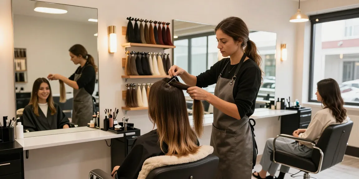 Professional hair extensions being expertly applied in a chic salon setting, highlighting stylish transformation.