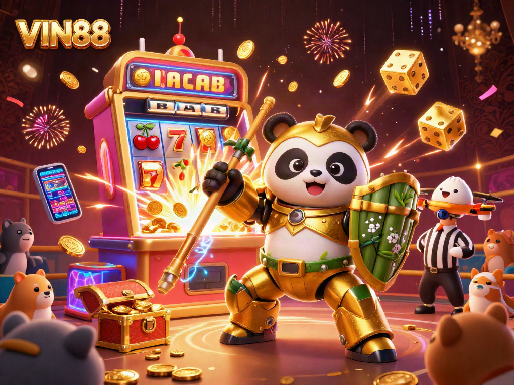 Experience thrilling wins at VIN88 with dynamic casino elements in an exciting 3D illustration.