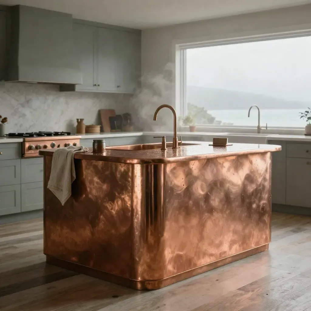 Oversized copper island top in a misty dawn kitchen with drizzle, soft steam, and premium companion pieces.
