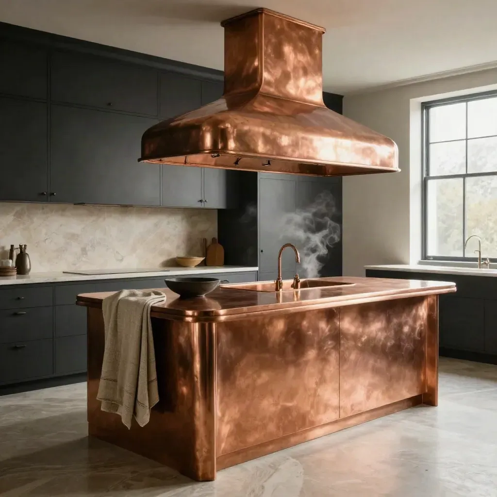 Luxury kitchen with copper island top, matching hood and sink in soft window light.
