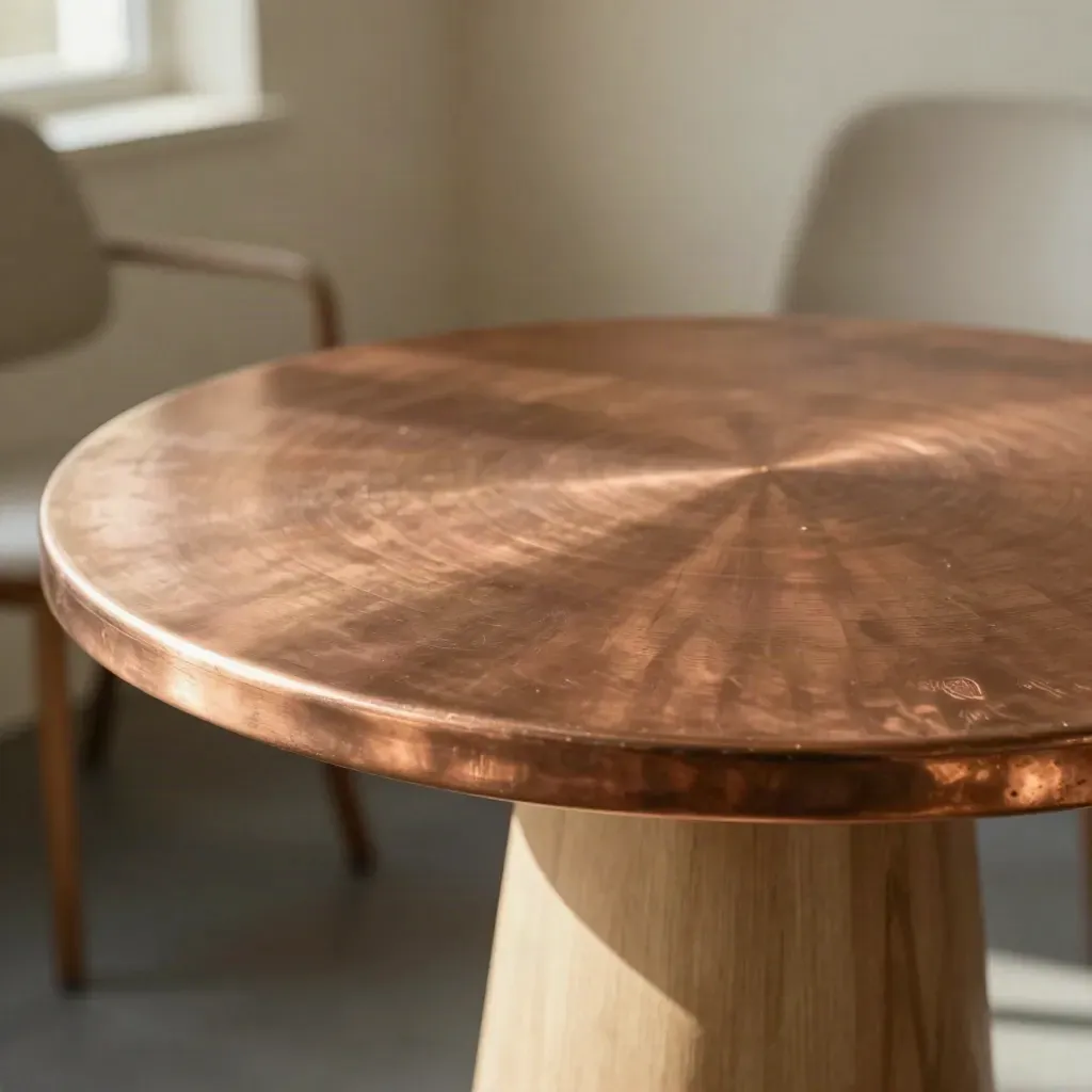 Round copper tabletop on a pale wood pedestal with blurred café chairs behind.