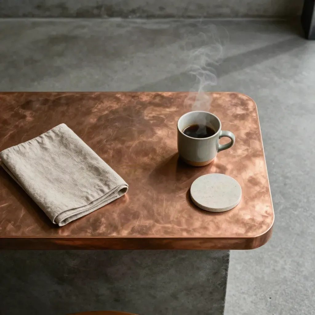 Overhead copper cafe bar top with cup, linen napkin, stone coaster, and steam