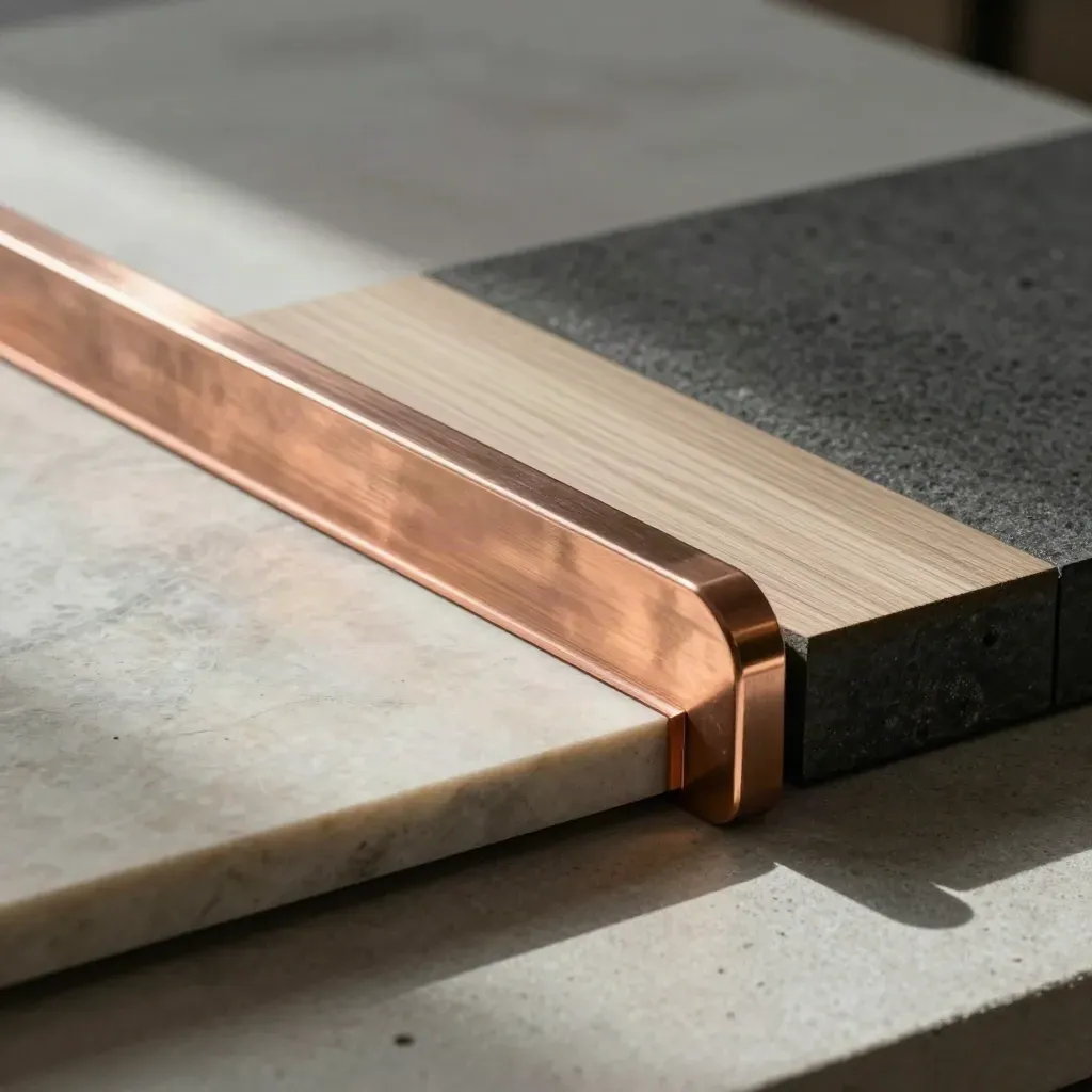 Copper shelf ledge, trim edge, limestone and ash wood samples on concrete in a premium flatlay