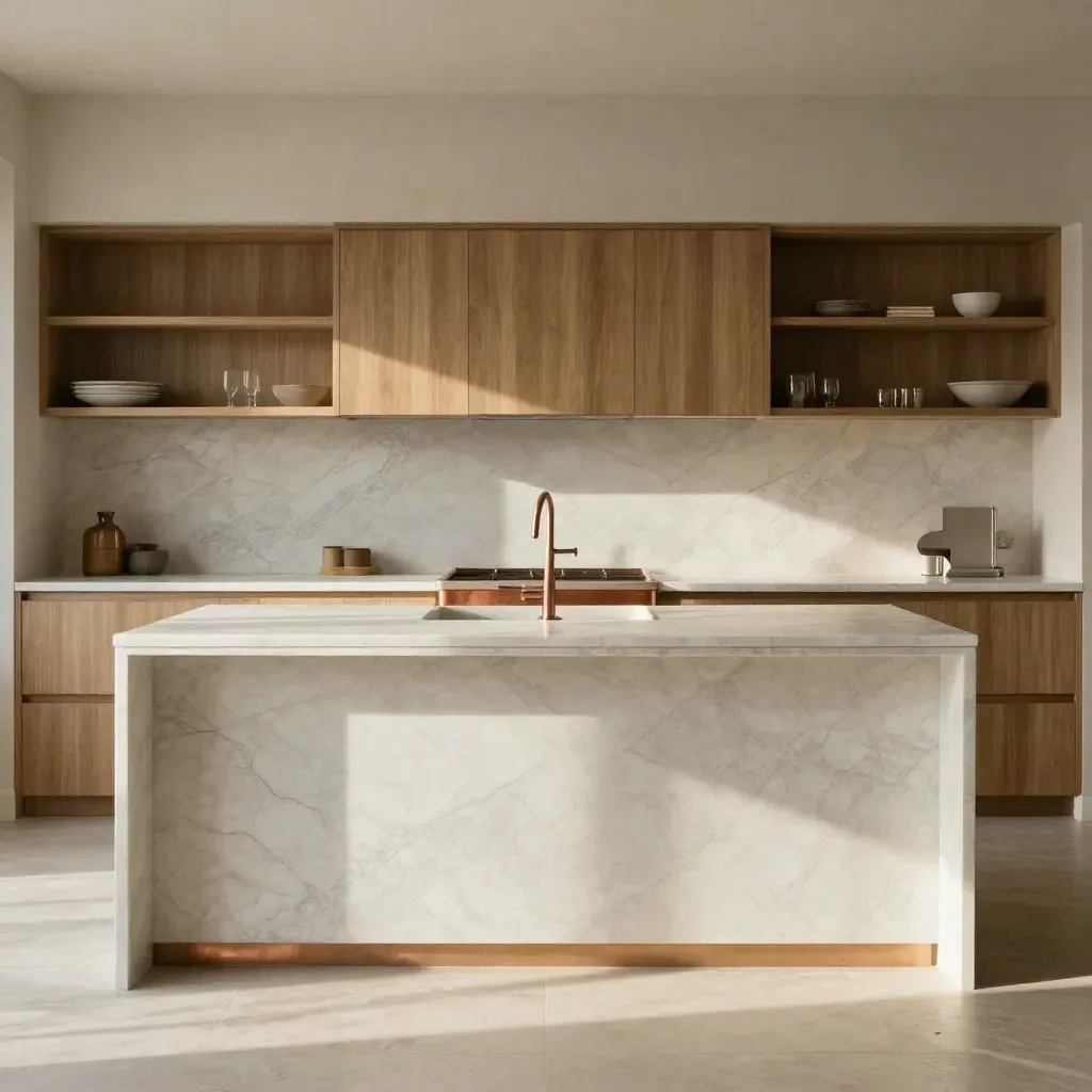 Pale marble kitchen with oak shelves, copper accents, and sunlit calm space for copy