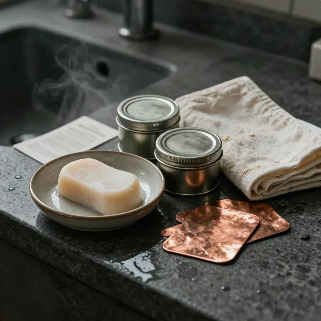 Patina care kit with soap, cloth, tins and copper swatches beside a damp sink edge