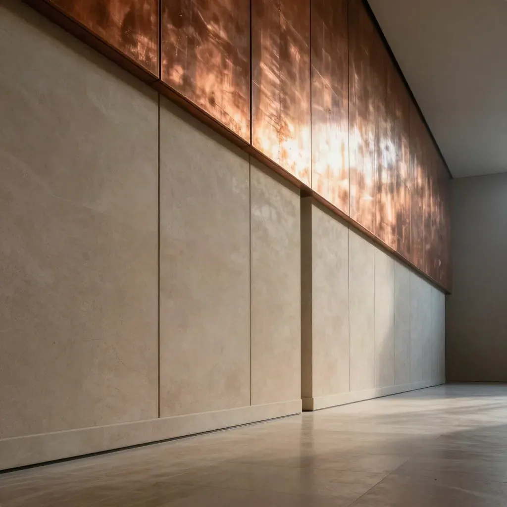 Sunlit corridor of plaster, stone, and copper wall cladding with calm floor space for copy.
