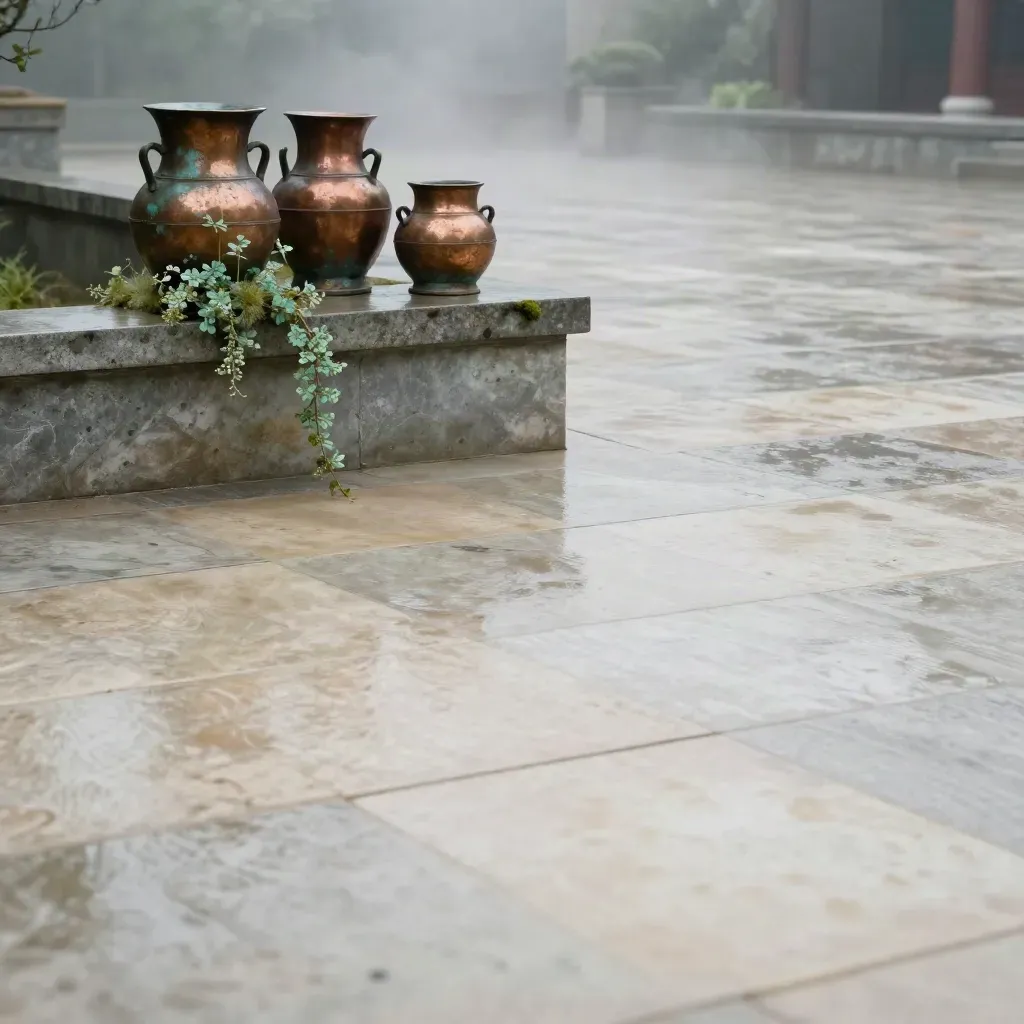 Foggy courtyard edge with copper vessels on mossy stone and open misty space below