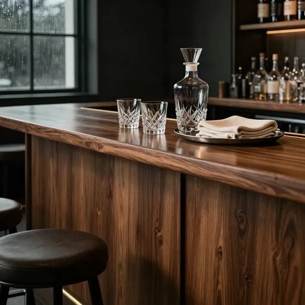 Walnut bar counter with glassware high in frame and calm open space below for copy.