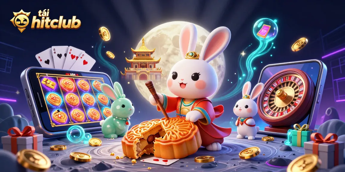 Engage with the vibrant world of tải hitclub featuring a lunar rabbit and casino elements in a dynamic 3D scene.