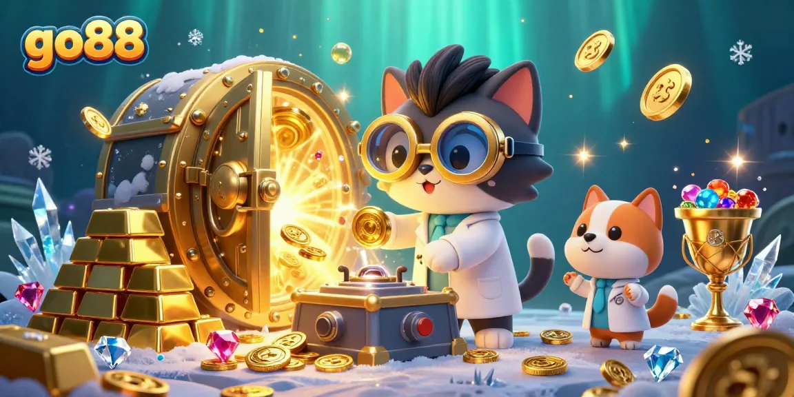 Win big with go88 as a mad scientist cat and dog create golden coins in a vibrant casino scene