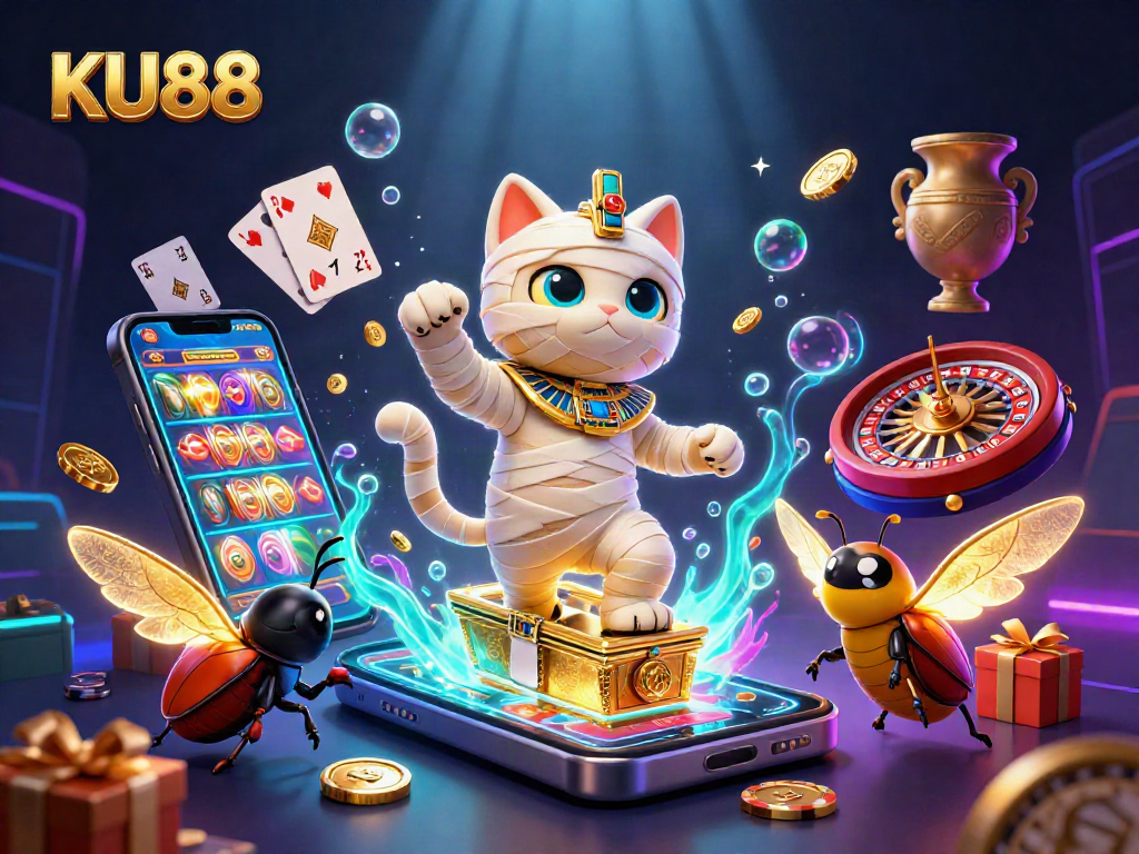 Experience excitement at KU88 with a mummy cat, golden coins, and slot game action!