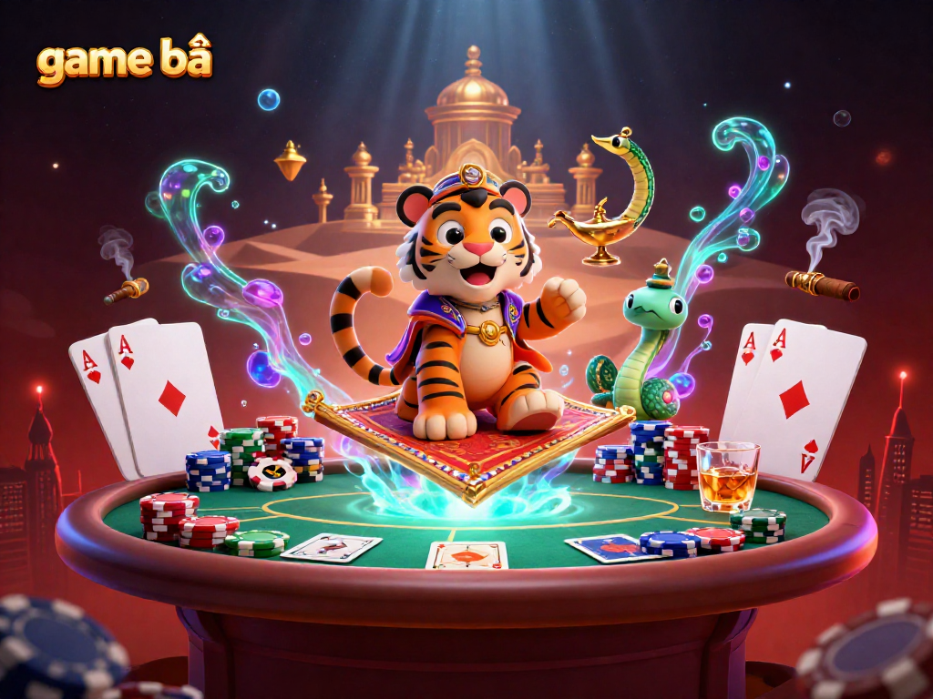 Engaging scene showcasing game bài elements with a tiger sultan and genie in a vibrant casino.