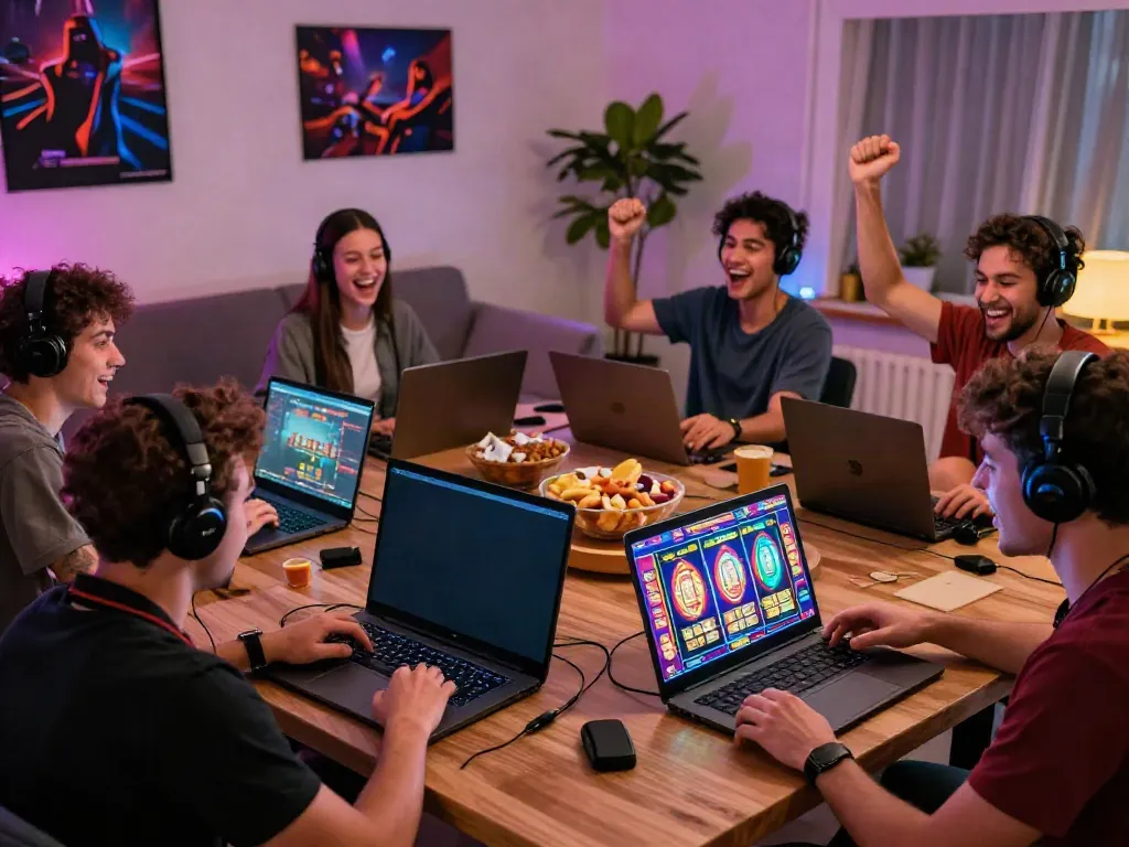 Experience the excitement of online gaming at https://gem88.jpn.com/ with friends in a lively living room.