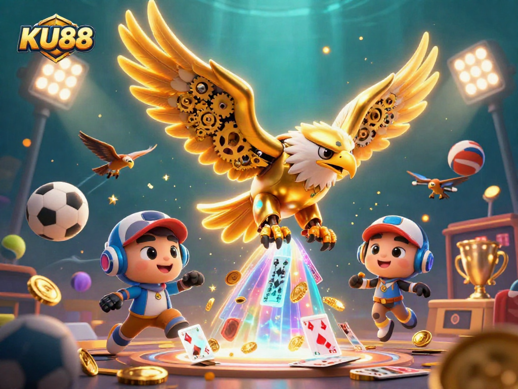 Experience the thrilling dive of KU88 as a golden eagle navigates through holographic cards amidst exciting sports betting elements.