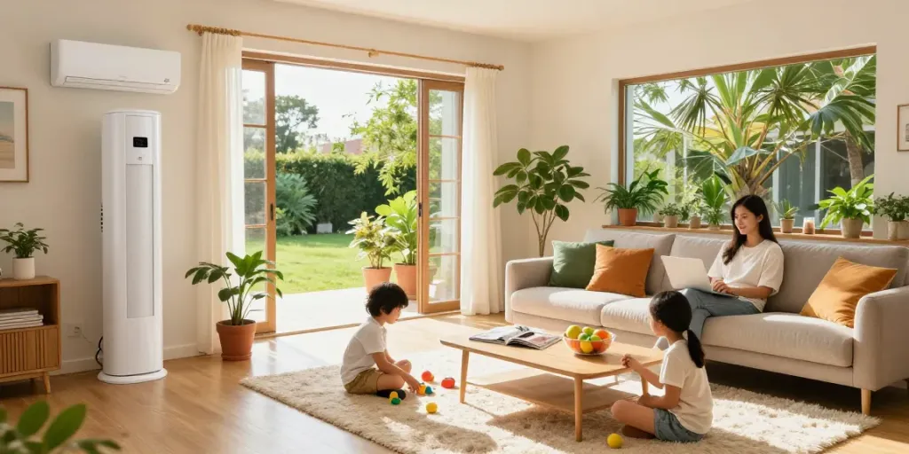 Living room with family enjoying comfort from an 18000 btu mini split air conditioner in bright summer light.