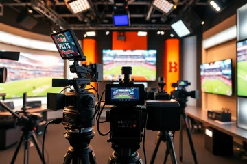 Engaging visuals of sports broadcasting setup showcasing vibrant studio and equipment.