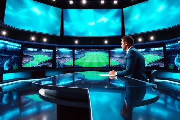 Engaging sports broadcasting scene featuring a dynamic presenter and multiple screens.