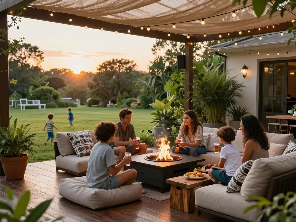 Outdoor living configurator showcasing a cozy family gathering around a fire pit with lush greenery.