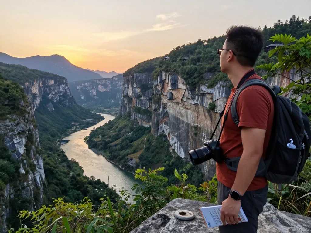 Stunning Taroko Gorge tour view at sunset with a traveler admiring the landscape.