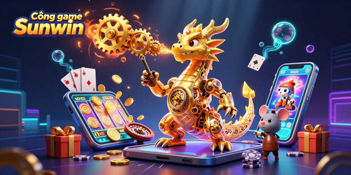 Engage with the thrilling Cổng game Sunwin, featuring a golden dragon amidst vibrant casino elements.