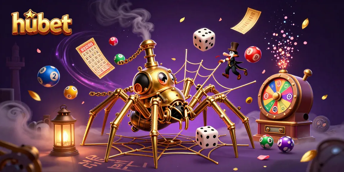 Experience thrilling gameplay on hubet with a golden steampunk spider and colorful lottery elements.
