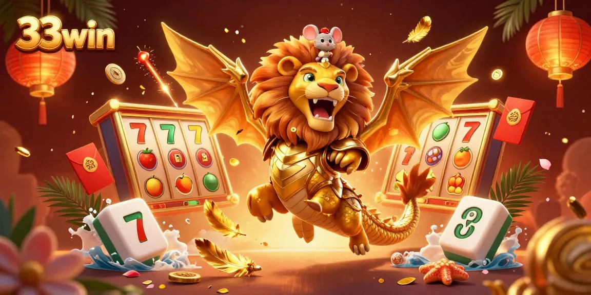 Experience the excitement at 33win with a vibrant scene of a golden chimera and lucky symbols