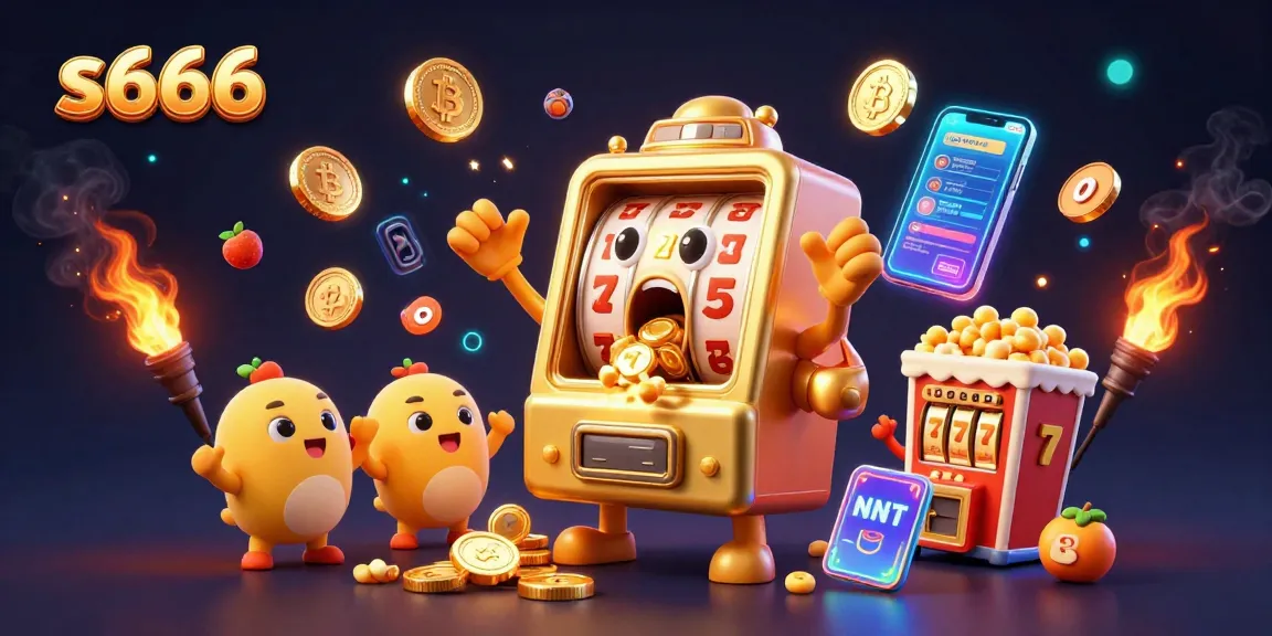 S666 slot machine celebrates a jackpot win amidst vibrant casino symbols and crypto elements.