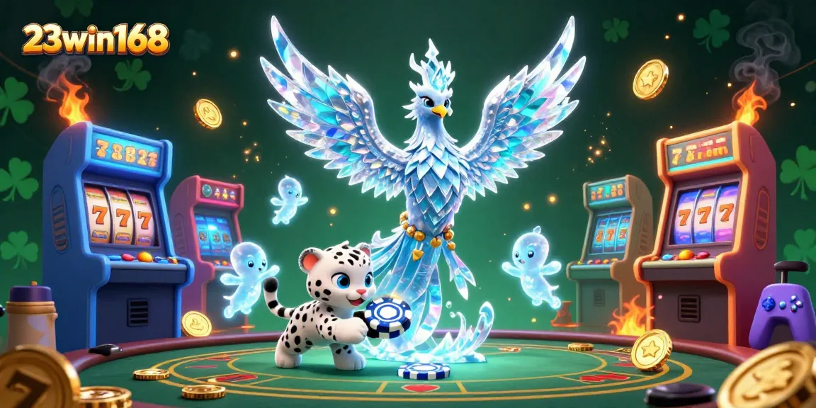 Engage in thrilling gaming experiences at 23win168 with a vibrant casino-themed illustration showcasing interactive elements