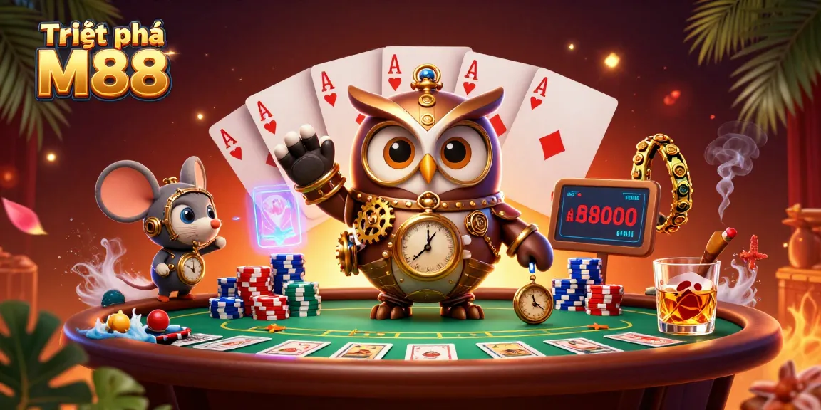 Triệt phá M88 showcases an immersive casino scene with engaging 3D characters and vibrant elements.