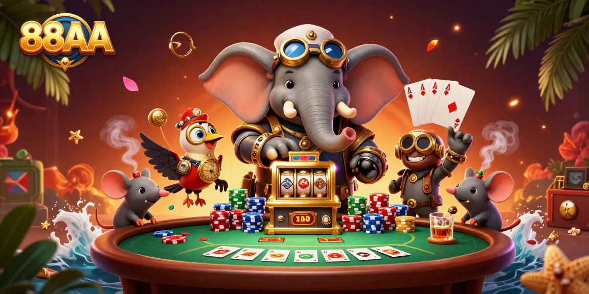 Engage with 88AA's thrilling casino atmosphere featuring a steampunk elephant and dynamic game elements.
