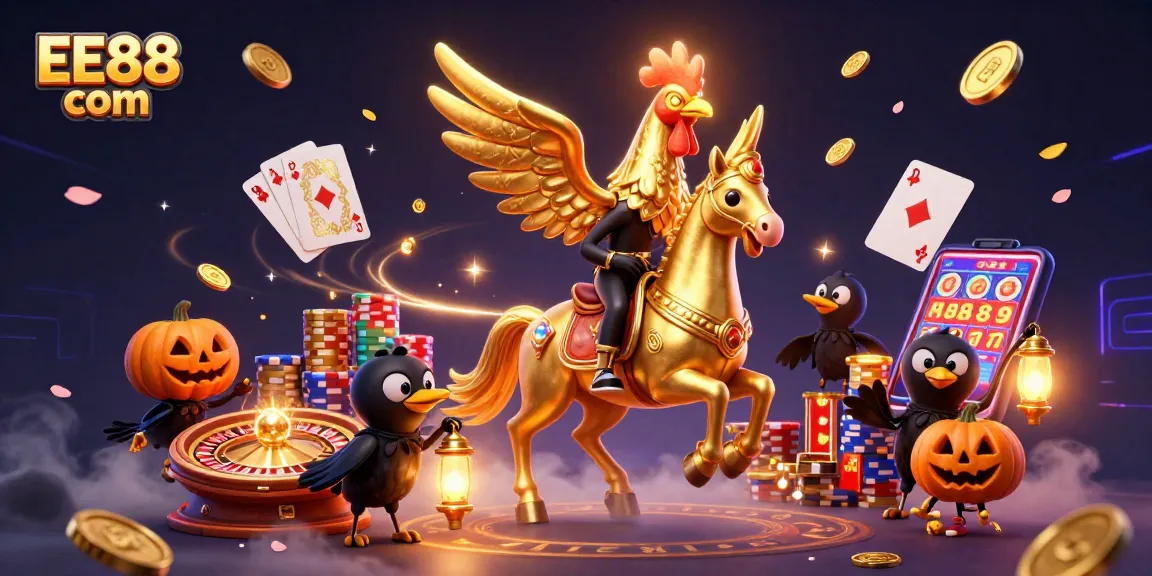 Experience thrilling action at EE88 com with vibrant 3D casino illustration featuring dynamic gaming elements.