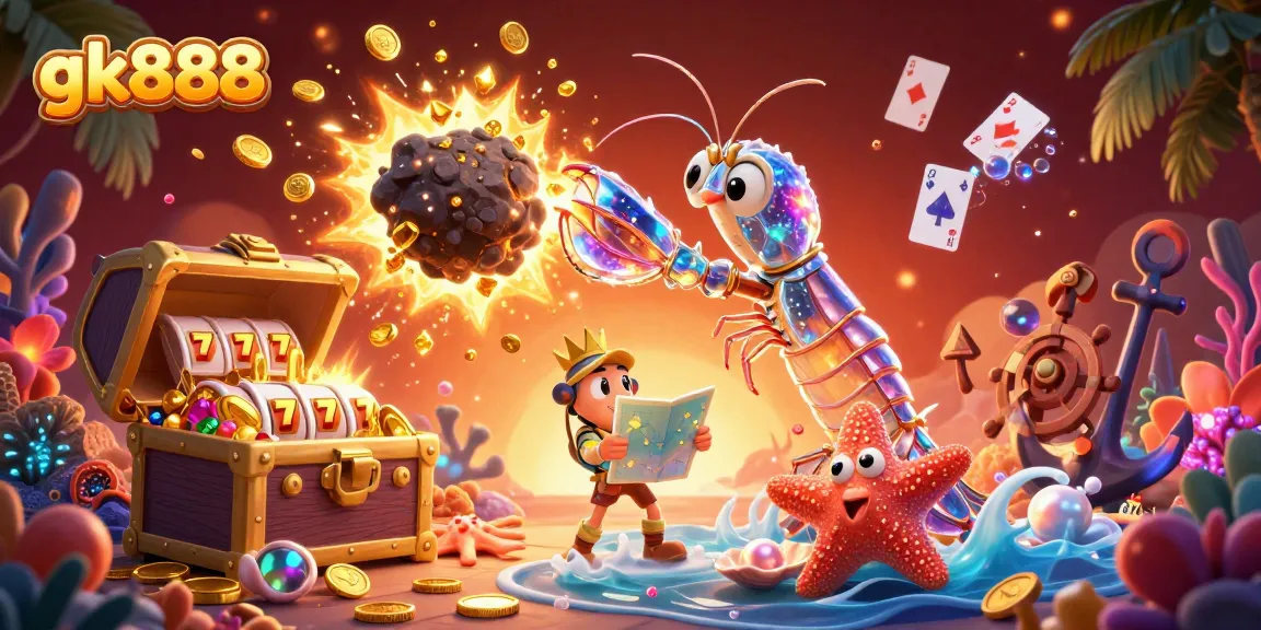 Experience thrilling gameplay with gk888 featuring a vibrant 3D illustration of a samurai mantis shrimp amidst casino treasures.