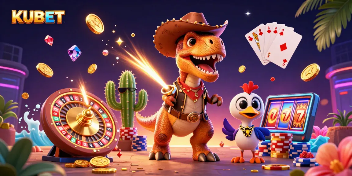 KUBET engages players with vibrant casino adventures featuring a cowboy T-Rex and rich game elements.