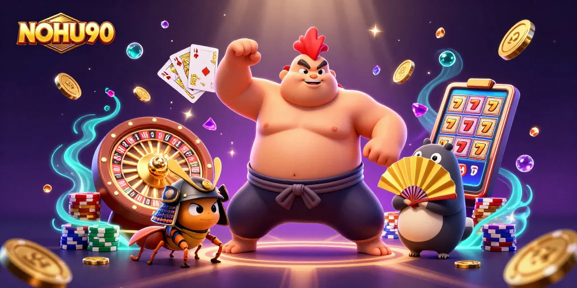 Experience thrilling fun at NOHU90 with dynamic 3D casino characters featuring golden coins and jackpot elements.