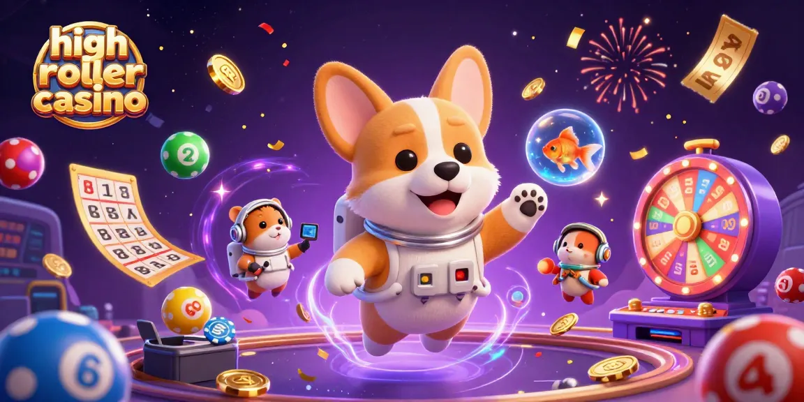 Experience the excitement of a high roller casino with a floating corgi and vibrant game elements.