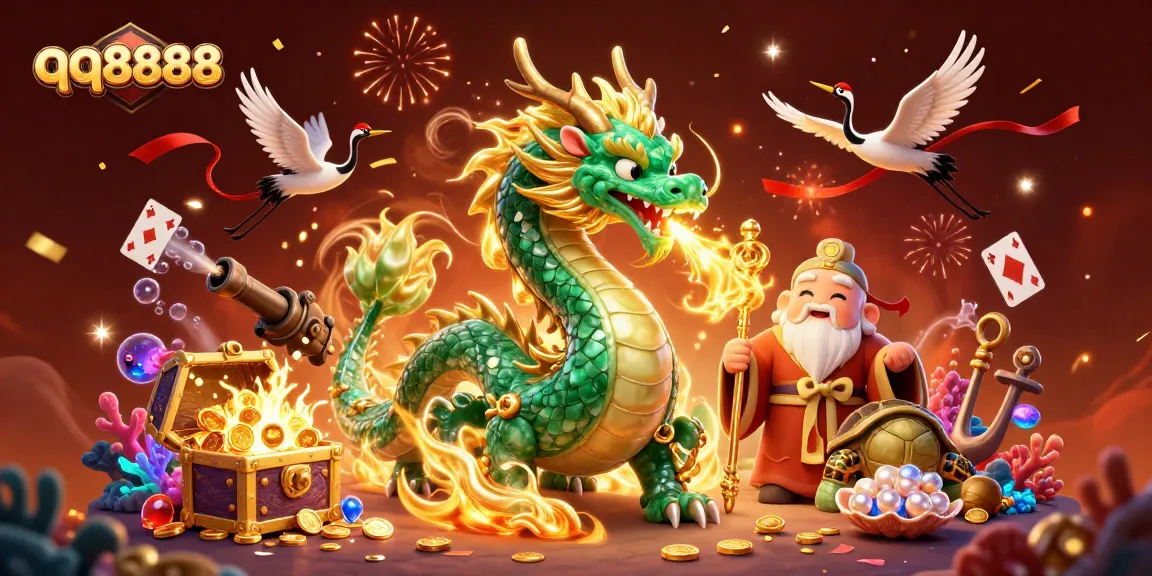 Experience the exciting world of qq8888 with bright dragons and winning treasures in a vibrant casino scene.