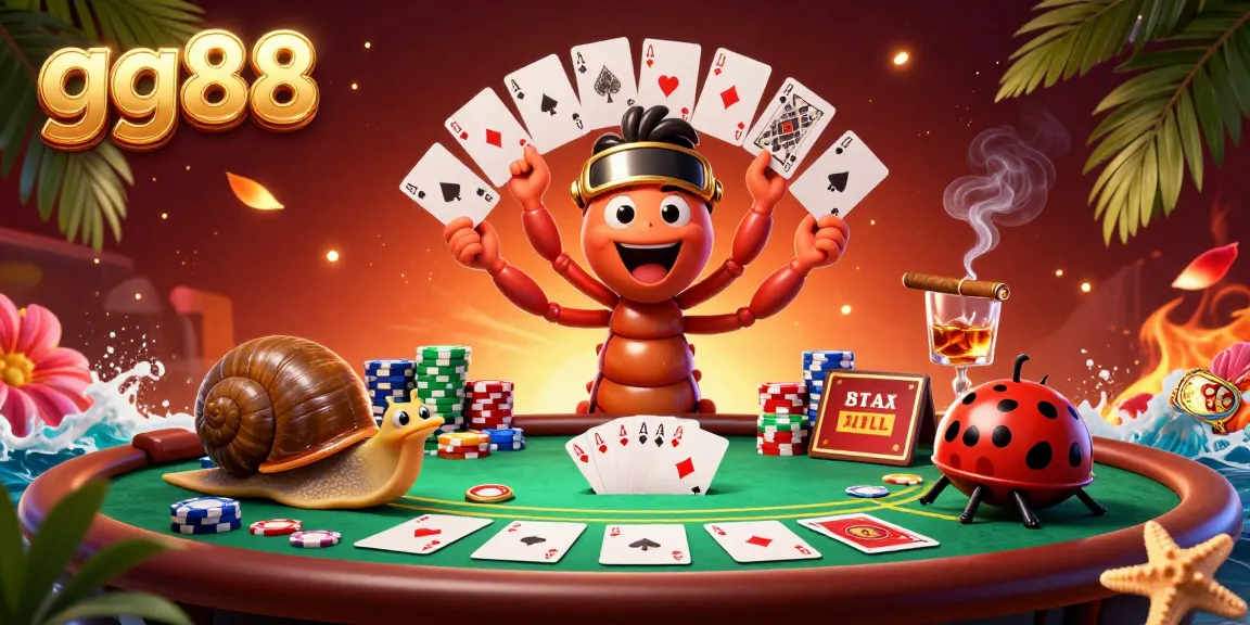 Play exciting casino games with gg88 in this vibrant scene featuring a millipede dealer and a snail high-roller.