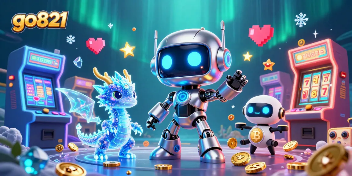 Playing exciting casino games at go821 with a futuristic robot mascot, holographic dragon, and bitcoin drone.